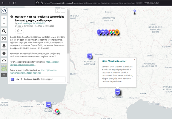 
La page web https://occitania.social/ n'est plus fonctionnelle (capture d'écran montrant la carte de France du projet uMap référençant les serveurs "près de chez vous")