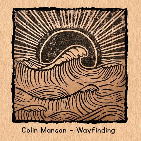 This is the cover art for Colin Manson's, "The Water" song. It shows a wood block style, black and beige print depicting waves and a rising sun with rays.
