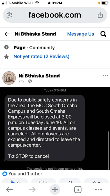 text post describing a community college in omaha closing and sending all students and staff home in the face of an ice raid