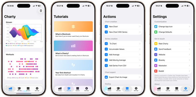 Screenshots of Charty 2.0 showing the app current design working on iOS 26 beta 1