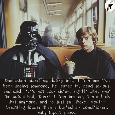 
Dad asked about my dating life, Told him I've
been seeing someone. He leaned in, dead serious,
and said, "It's not your sister, right?” Like, what
the actual hell, Dad:? 1 told him no, I don't do
that anymore, and he just sat there, mouth—
breathing louder than a busted air conditioner,I quess.
