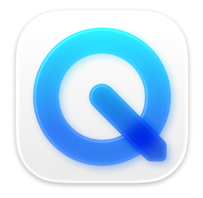 Liquid glass version of the QuickTime icon. Created from blue pieces of translucent glass with soft subtle edge treatments and soft blue chromatic shadows