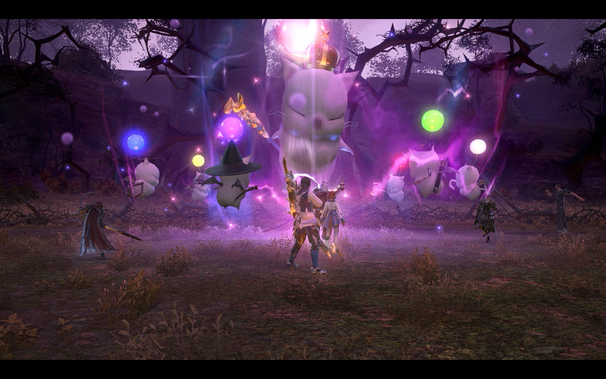 A nighttime fantasy scene in a dark and eerie forest with twisted tree branches. Several video game characters are fighting large, white Moogle-like creatures that are glowing with purple magical energy. One Moogle-like creature wears a crown, and another wears a witch's hat. Brightly colored orbs of blue, green, and purple float in the air. Several characters are visible to the left and right side of the image and are geared and ready for combat.
