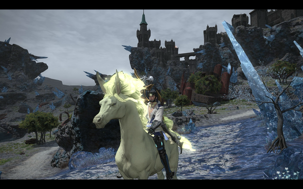 A character in Final Fantasy XIV riding a large, pale unicorn through a rocky landscape. Behind them is a dark, weathered castle built atop a cliff face. Crystalline formations add a surreal, fantasy element to the environment.