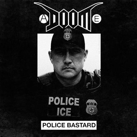 The cover of Doom's (the UK punk band) 1989 EP "Police Bastard", except it's remade with a US ICE officer instead of an English cop giving a rude gesture. The band's logo is above his head, and a title banner reading "POLICE BASTARD" is across the bottom over his chest, below the large "POLICE ICE" velcro patch and badge on his vest. Similar to the original, he's wearing a hat that casts an ominous shadow over his eyes, and the ICE badge on the hat is modified with a Nazi swastika emblem.