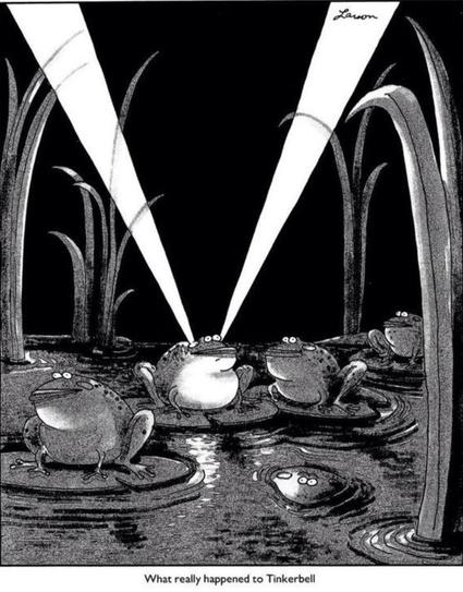 "What really happened to Tinkerbell?" Bullfrogs gather on lily pads in a pond. The bullfrog in the middle has two bright lights emanating from either side of his shoulders and jaw.
