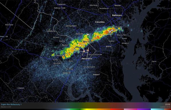 A screenshot from RadarScope showing a storm about to hit the DC area