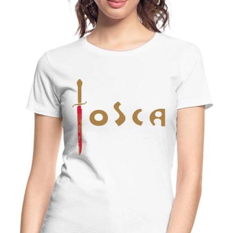 White T-shirt with the name Tosca. The T is a bloodstained knife, and the remaining letters are in the style of the original poster for Giacomo Puccini’s opera Tosca. © Stefan Romero Grieser @operaimmagine