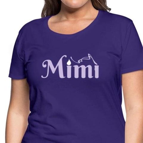 Dark purple T-shirt with the name Mimì written on it. The letters “i” are candles. The first is lit, the second is extinguished. Smoke from the wick drifts in an art nouveau swirl toward the first “i,”representing the accent grave on the second “ì”. Opera T-shirt for Giacomo Puccini’s « La bohème » 
Design © Stefan Romero Grieser @operaimmagine
