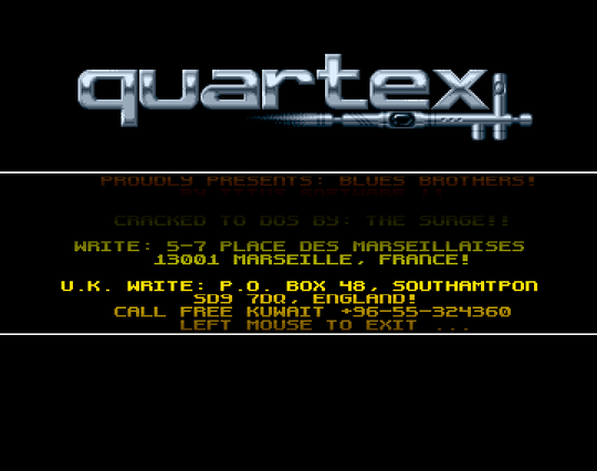 Screenshot of "The Blues Brothers" - Crack: Quartex (QTX) - Published by Titus on Commodore Amiga (1991)