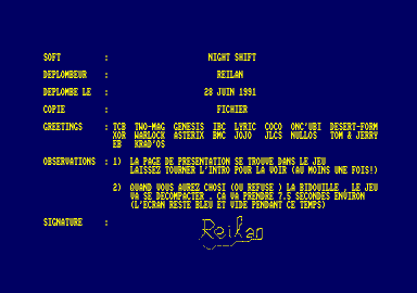 Screenshot of "Night Shift" - Crack: Reilan - Published by US Gold on Amstrad CPC (1991)