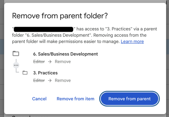 A popup asking you to remove permission to the parent folder of your initial folder because "it will make permissions easier to manage". 