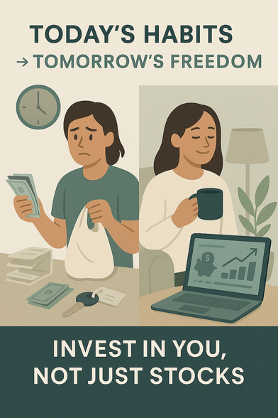 An infographic with the headline “Today’s Habits → Tomorrow’s Freedom.” On the left, a worried person holds cash and a takeout bag, surrounded by receipts and car keys. On the right, a calm person drinks coffee beside a laptop showing an upward financial graph with a piggy bank icon. At the bottom, bold text reads: “Invest in you, not just stocks.” The visual contrasts impulsive spending with mindful investing.