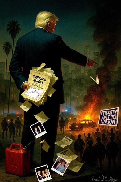 Ce dessin montre une scène chaotique avec un personnage politique de dos (Donald Trump), tenant des documents étiquetés "Economic Report" et "Do Not Release". Il semble ignorer les troubles autour de lui, y compris des incendies, des manifestations avec des pancartes disant "Immigration Built This Nation", et des photos de personnes éparpillées sur le sol. Il y a aussi un bidon d'essence rouge au premier plan, et le personnage semble pointer vers quelque chose hors de l'image. L'ambiance est sombre et dramatique, avec des bâtiments en feu et des silhouettes de soldats et de manifestants.