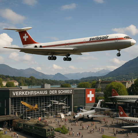 A Swissair-liveried Ilyushin Il-62 jet flies low over the Swiss Museum of Transport (Verkehrshaus der Schweiz) in Lucerne on a clear, sunny day. The aircraft features a white fuselage with a red cheatline and a bold red tail marked with a white cross. Below, crowds of visitors explore the museum grounds, which include vintage aircraft, a green electric locomotive, and modern buildings adorned with Swiss flags. In the background, Lake Lucerne and the surrounding mountains create a scenic alpine backdrop.