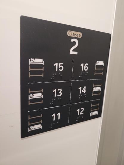 Couchette numbers available in braille. Lower beds = 11-12, middle = 13-14, upper = 15-16.