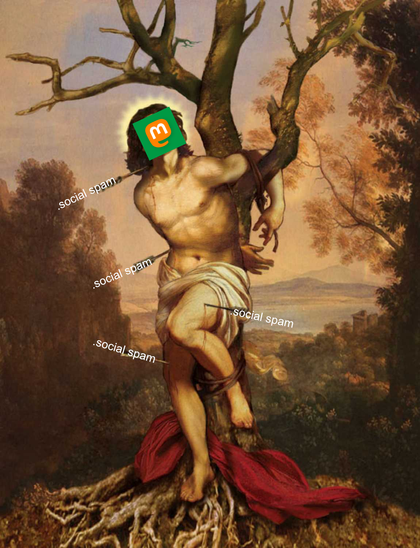 The image is a digitally altered version of a classical painting depicting a muscular man tied to a tree, reminiscent of traditional depictions of martyrdom or crucifixion. The man is shirtless, with a white cloth draped around his waist and a red cloth at his feet. His face is obscured by a green square with an orange "m" logo, and he has long hair. The background features a landscape with trees, a body of water, and distant hills under a pale sky.

The image has been modified with the text "social spam" repeatedly overlaid on the man's body, suggesting a commentary on modern social media issues. The overall composition maintains the classical style, with attention to detail in the man's musculature and the natural setting.