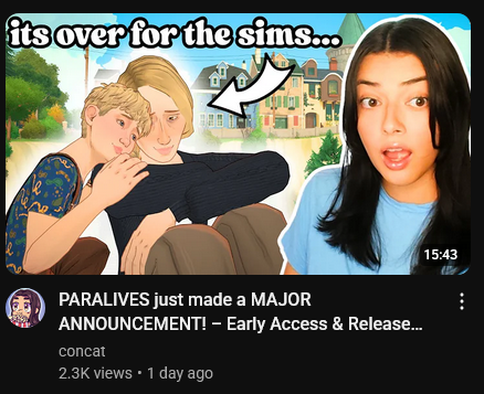 A screenshot of a video's thumbnail for a video titled "PARALIVES just made a MAJOR ANNOUNCEMENT! Early Access & Release Info!". The thumbnail shows the moment of the latest Paralives trailer when a woman who was crying on the floor of her bathroom is joined by a young boy (presumably son) who tries to comfort her with a cuddle. The thumbnail also notes "Its [sic] over for the sims..." with a photo of the Youtuber making a Youtuber face.