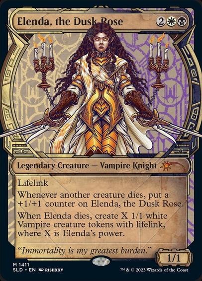 Card Name: Elenda, the Dusk Rose
Set: Secret Lair Drop
Description: Lifelink
Whenever another creature dies, put a +1/+1 counter on Elenda.
When Elenda dies, create X 1/1 white Vampire creature tokens with lifelink, where X is Elenda's power.
Artist: rishxxv