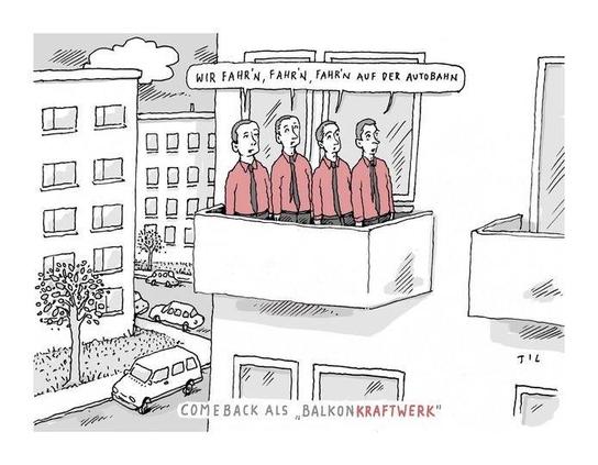 Cartoon drawing of four persons in red shirts with ties on a balcony, singing ‘wir fahr’n, fahr’n, fahr’n auf der Autobahn’. Tagline: Comeback als ‘Balkonkraftwerk’