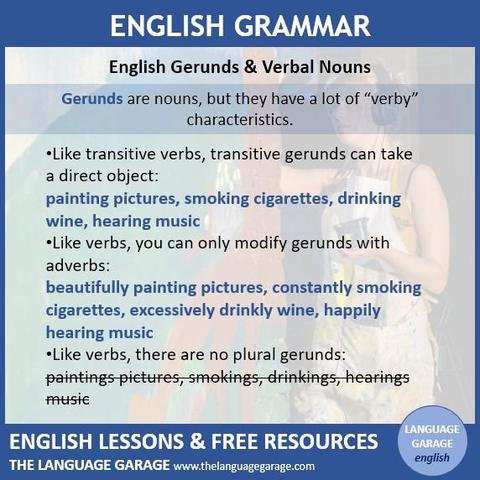 English grammar note on verb-like qualities of gerunds, image of an artist painting something