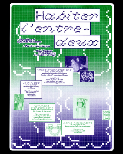 "Habiter l'entre-deux", exposition et espace de rencontres. Une affiche bien chargée comme d'hab : grille fine en fond sur laquelle les pixels dessinent des orgnements, un beau dégradé du vert au violet sur lequel se détachent des fenêtre ouvertes sur la programmation.
