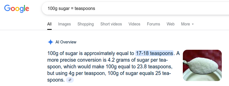 A Google AI answer to how many teaspoons in 100 grams of sugar.

The AI gives 3 answers: 17-18, 23.8, and 25.
