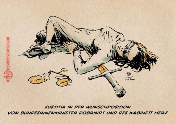 Illustration einer am Boden liegenden, an Händen und Füßen bewegungsunfähig zusammen gefesselt. Textzeile: