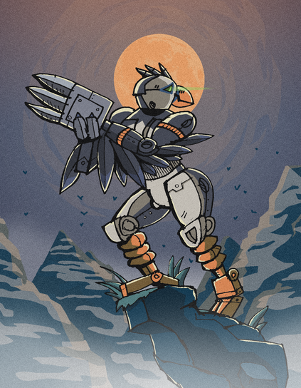 A robotic puffin standing on the edge of a cliff in the center of the image. Her eyes are doing a faint green light ray while she is looking to the right, the rest of her body is directed to the left. She is holding her right hand equipped with some heavy duty massive skull crushing level of claw and overall look to be in a heroic style pose. In the background directly behind her head a pale orange moon can be seen light up the scene in a warm glow, scattered distant birds silhouette are visible over mountains.