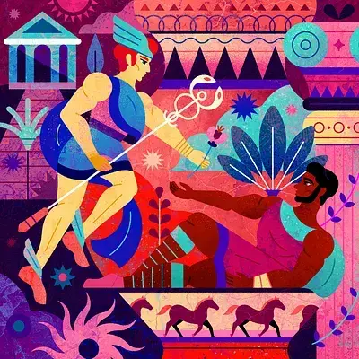 A colourful, stylised painting of the god Hermes, hovering on his winged sandals, as he offers a flower to Krokos who reclines on the ground.