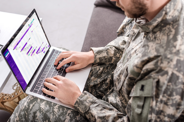 Person in military fatigues using Integrate software on a laptop