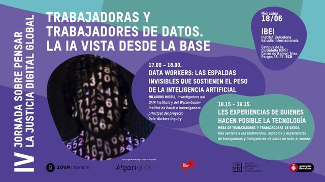 Un cartel anuncia una jornada sobre la justicia digital global, centrada en los trabajadores de datos y la inteligencia artificial.  Muestra una imagen de un rostro parcialmente oculto tras números y datos, simbolizando la invisibilidad de estos trabajadores. El cartel contiene los detalles del evento, que puedes consultar en el link que acompaña a este imagen.