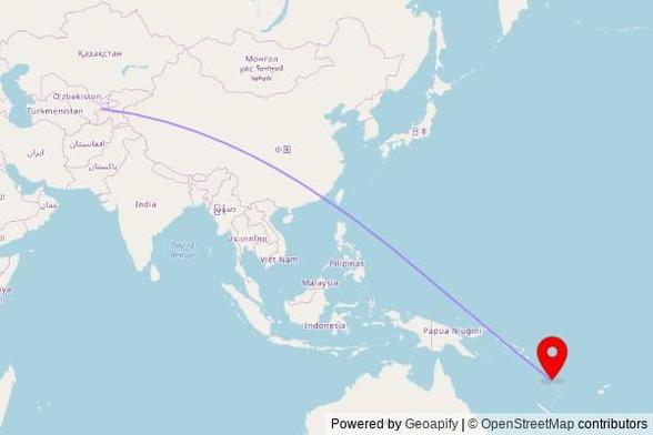 A map showing the great circle route from Istaravshan in Tajikistan to a map pin at Sarakata SDS, Dark Kona Street, Luganville, Vanuatu