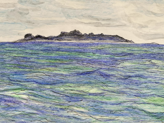 A colored water color sketch of a dark, distant island, the sea is different shades of blue, green, purple and white; a perfectly blue distant sky and light colored smoke from the ferry are represented in the 