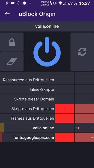 Screenshot Analyse der Volla Website mittels uBlock Origin
