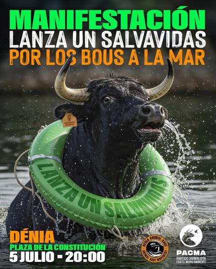 Cartel de la manifestación de PACMA "Lanza un salvavidas por los bous a la mar", el 5 de julio a las 20:00 en la Plaza de la Constitución de Dénia, convocada junto a Dénia Animal Save. En el cartel aparece un toro en el mar, con un salvavidas verde rodeando su cuello, done se lee "lanza un salvavidas". Aparecen los logos de PACMA y Dénia Animal Save.