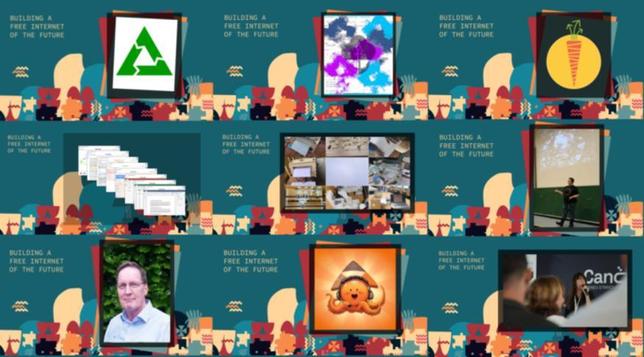 A collage of images arranged in a 3x4 grid, each separated by a colorful illustrated background featuring abstract human figures and the repeated slogan "BUILDING A FREE INTERNET OF THE FUTURE." Top row (left to right): A green triangular symbol, a digital map with purple and blue areas, and a carrot icon.Middle row: A cascading set of browser windows, a cluttered desk with electronics and notes, and a person presenting in front of a chalkboard.Bottom row: A headshot of a man with glasses, an illustrated octopus wearing a hat, and a woman speaking at a tech conference with a "Cano" logo in the background.