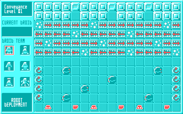 Choosing one of the robots to complete the last level on Team Droid: Conveyors. The bottom half of the screen features guard robots moving left and right. The top half resembles a river of conveyor belts that will carry the robots in different directions. Safe nooks at the top allow the robots to deposit their cards. Choosing one of the robots to complete the last level on Team Droid: Conveyors. The bottom half of the screen features guard robots moving left and right. The top half resembles a river of conveyor belts that will carry the robots in different directions. Safe nooks at the top allow the robots to deposit their cards.