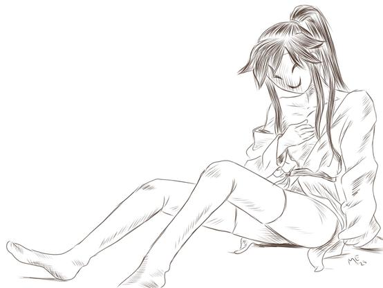 Sketch of Wu Ming wearing thigh highs. He is wearing a small robe that's falling off his shoulders and exposing part of his chest, one hand is covering it. He is wearing his smiling mask and has his hair up in a ponytail.