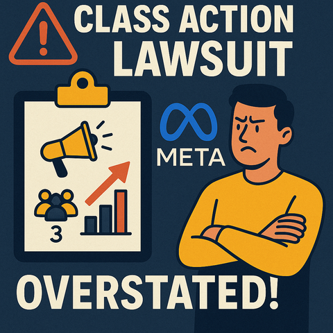 Illustration highlighting a class action lawsuit against Meta, with bold text reading 'CLASS ACTION LAWSUIT' and 'OVERSTATED!', a warning icon, the Meta logo, a man with crossed arms, and a clipboard showing a megaphone, user icons, and a rising bar graph.