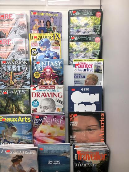 Shelves displaying various magazines, showcasing a range of topics and colourful covers.