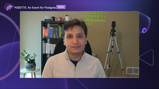 A person sitting in front of a bookshelf and a tripod-mounted camera. The top left corner displays the text 'POSETTE: An Event for Postgres 2025.'