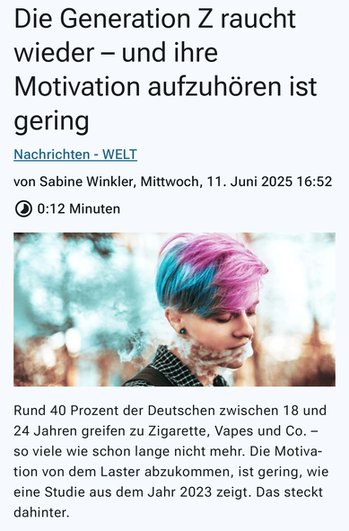 Ausschnitt eines Artikels auf welt.de über eine Studie zum Rauchverhalten der Generation Z in Deutschland