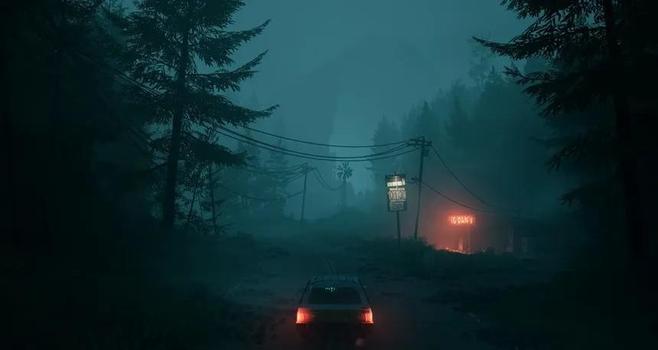 Screen shot from the video game Pacific Drive, by Kepler Interactive. The scene is a misty twilight in an evergreen forest centered on the taillights of a station wagon, with a gas station's sign glowing in the distance.