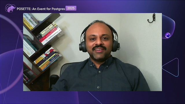 A person wearing headphones, seated in front of a bookshelf containing books like 'PostgreSQL: Up and Running,' 'Learning SQL,' and 'PostgreSQL 9.0 High Performance.' A wall hook is visible in the background. The top left corner displays the text 'POSETTE: An Event for Postgres' with '2025' highlighted in a purple box