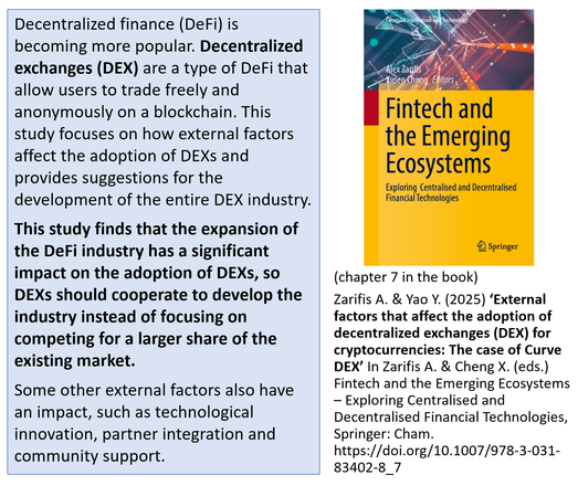 Reference:
Zarifis A. & Yao Y. (2025) ‘External factors that affect the adoption of decentralized exchanges (DEX) for cryptocurrencies: The case of Curve DEX’ In Zarifis A. & Cheng X. (eds.) Fintech and the Emerging Ecosystems – Exploring Centralised and Decentralised Financial Technologies, Springer: Cham. https://doi.org/10.1007/978-3-031-83402-8_7