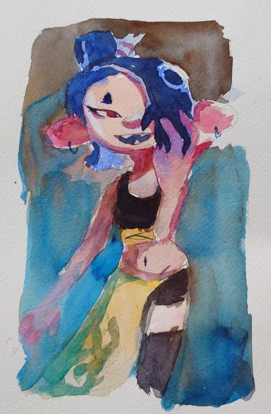 A watercolor painting of shiver from Splatoon 3 wearing the outfit she was shown in in the Splatoon Raiders reveal trailer