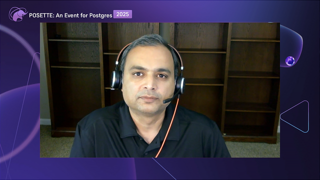 A person wearing headphones sits in front of empty wooden bookshelves. The background features a purple gradient with the text 'POSETTE: An Event for Postgres 2025' in the top left corner.