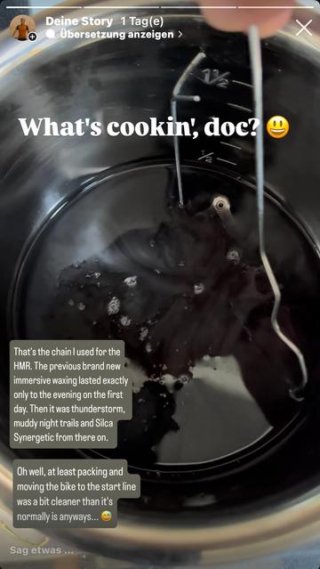 a screenshot of a video insta story of Torsten Frank showing a pot with molten wax and an immersed bicycle chain.