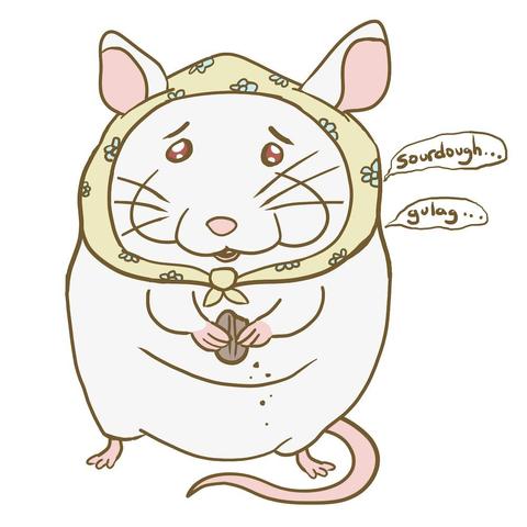 Illustration of a small, chubby white mouse standing on two feet. She wears a pale yellow scarf around her face, and is holding a nibbled-on coffee bean in her hands. She is whispering “sourdough” and “gulag” - shown in speech bubbles on her right.